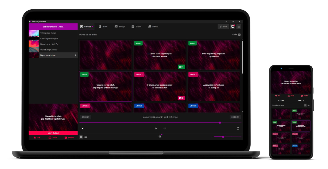 Reveal display interface displaying church presenter options