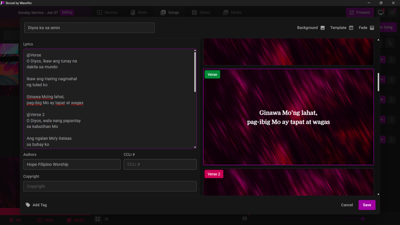 Text-based song editor inside Reveal church presentation software